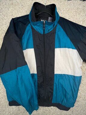VTG Macgregor Sz L Color Block Track Windbreaker Jacket Black White Blue Zip Up